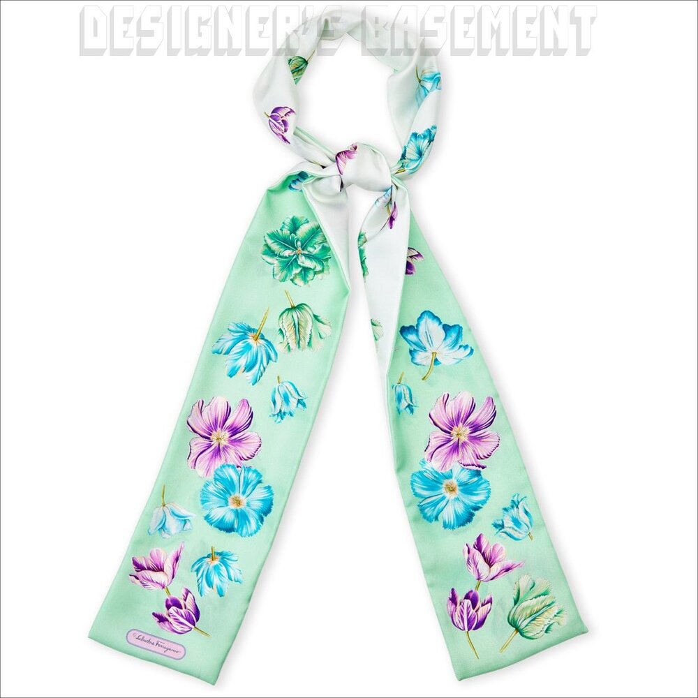 SALVATORE FERRAGAMO mint TULIPANI SKINNY long 2-sided silk twill scarf +envelope - Picture 6 of 6